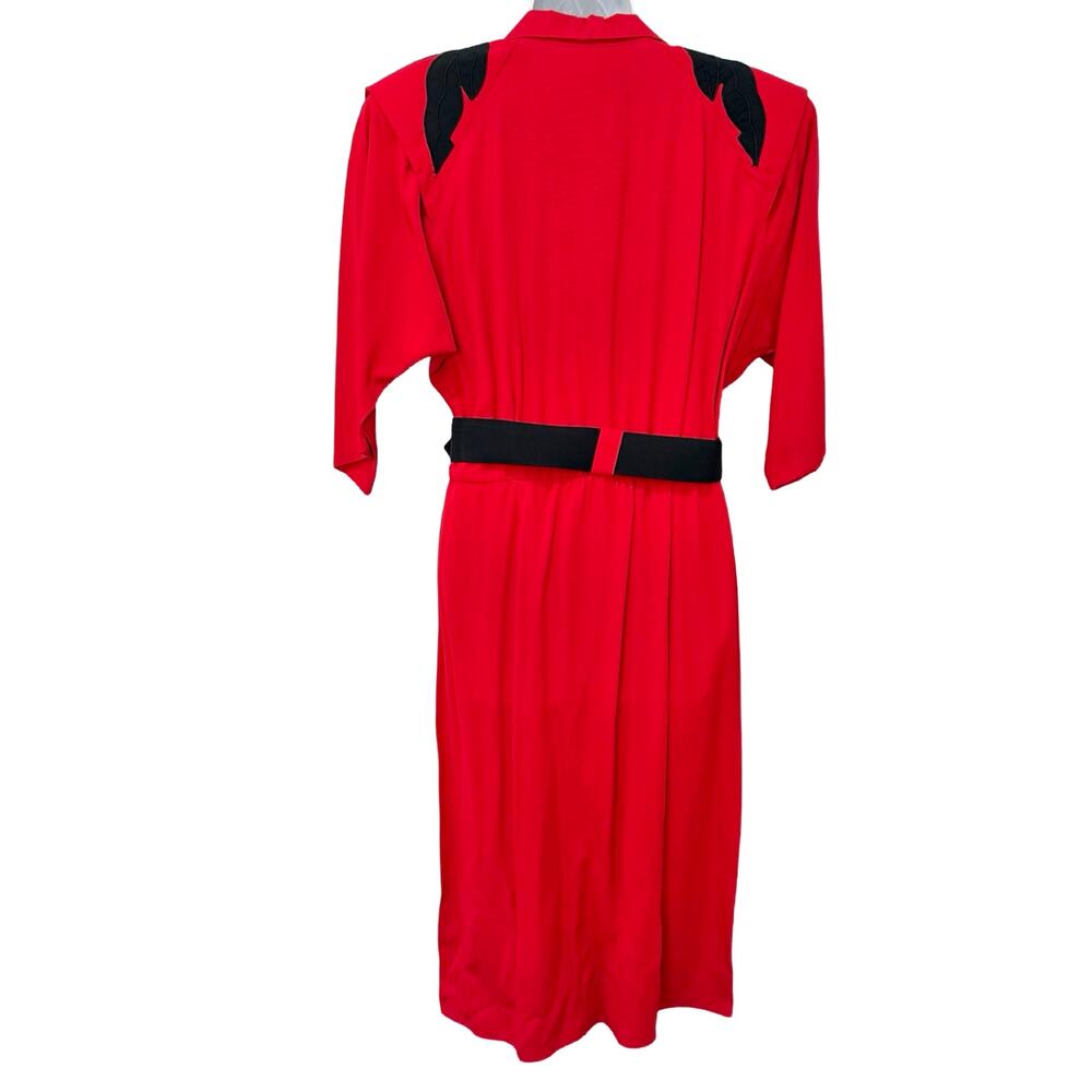 Vintage 80s Red Black Collared Belted Pleated Shoulder Pads Midi Dress size M - Picture 10 of 16